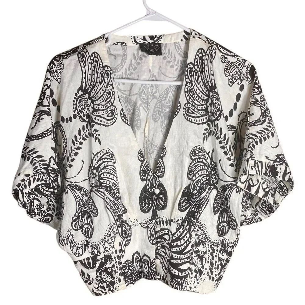 Milk & Honey Boho Crop Top Blouse Paisley Ivory Black Women L Festival